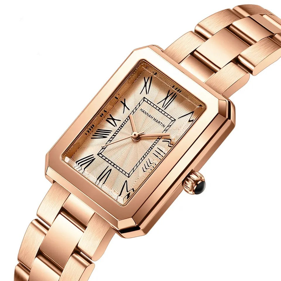 Hannah 2023 Women's brand watch Square retro Roman numerals quartz watch steel belt bow buckle watch HM-1301
