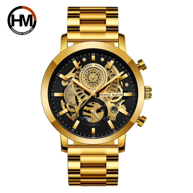 Men's multifunctional HM-1094 calendar hollowed out male student watch Gold Black business waterproof trendy steel band watch