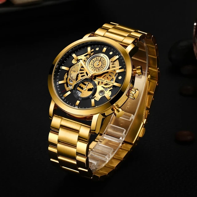Men's multifunctional HM-1094 calendar hollowed out male student watch Gold Black business waterproof trendy steel band watch