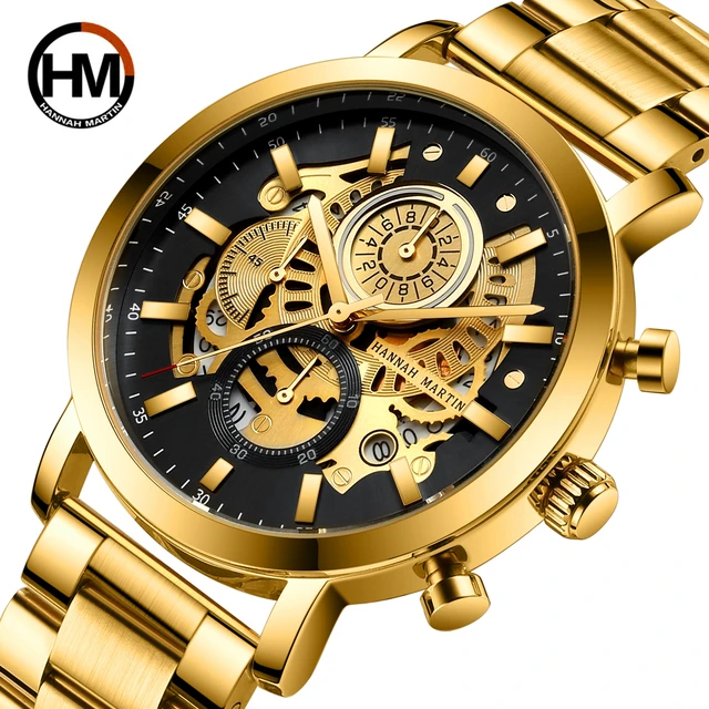 Men's multifunctional HM-1094 calendar hollowed out male student watch Gold Black business waterproof trendy steel band watch