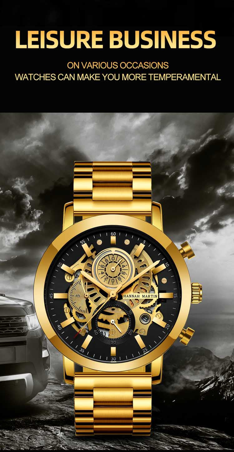 Men's multifunctional HM-1094 calendar hollowed out male student watch Gold Black business waterproof trendy steel band watch