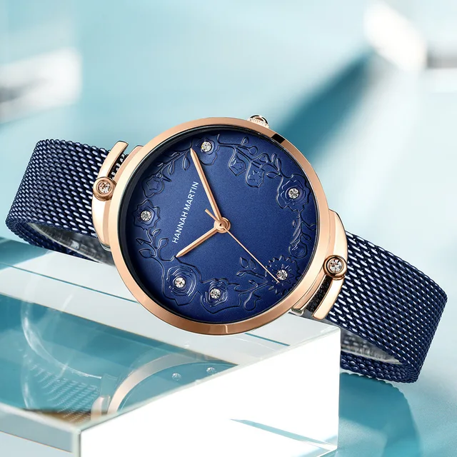 Hot Selling women Ladies Watch HM 119 HANNAH MARTIN Quartz Watch Luxury Mesh Engraved Roses Diamond Dial Women Watches