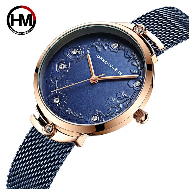 Hot Selling women Ladies Watch HM 119 HANNAH MARTIN Quartz Watch Luxury Mesh Engraved Roses Diamond Dial Women Watches