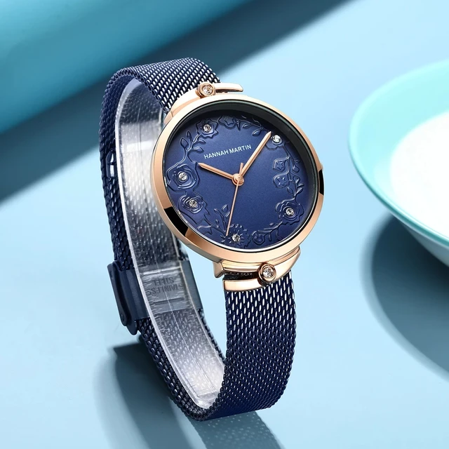 Hot Selling women Ladies Watch HM 119 HANNAH MARTIN Quartz Watch Luxury Mesh Engraved Roses Diamond Dial Women Watches