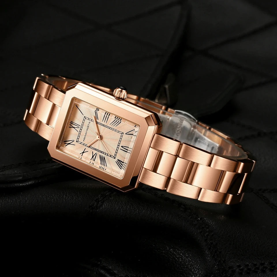 Hannah 2023 Women's brand watch Square retro Roman numerals quartz watch steel belt bow buckle watch HM-1301