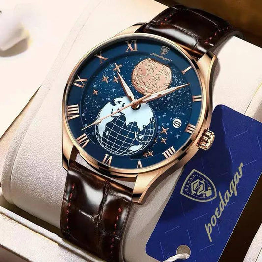 Fashion Leather Quartz Watches POEDAGAR 803 Hot Sale Men Watch Trendy Globe Dial Automatic Calendar Waterproof