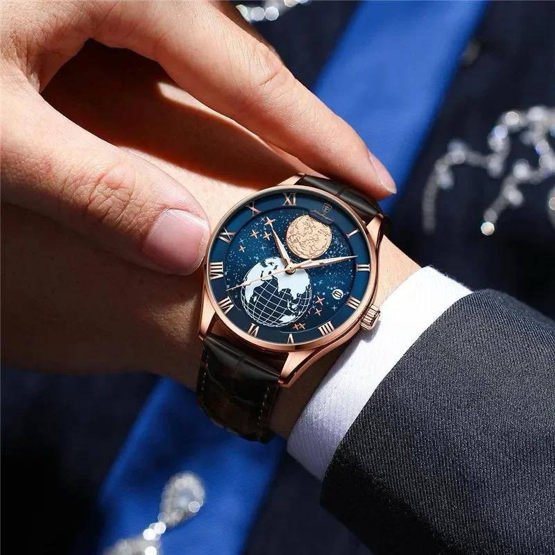 Fashion Leather Quartz Watches POEDAGAR 803 Hot Sale Men Watch Trendy Globe Dial Automatic Calendar Waterproof
