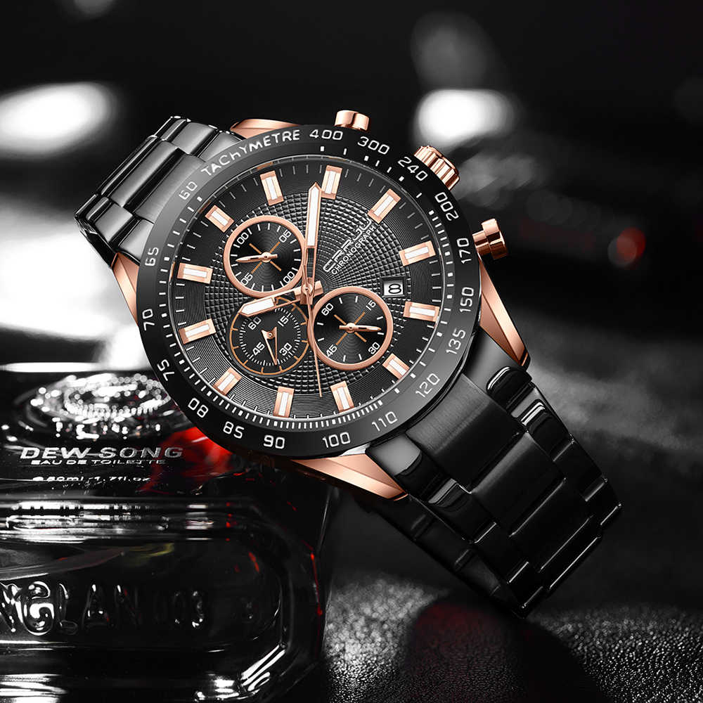 CRRJU 2306 Classic Silver Mens Quartz Watch Best Power Stainless Steel Band Water Resist Chronograph Vintage Casual Wrist Watch