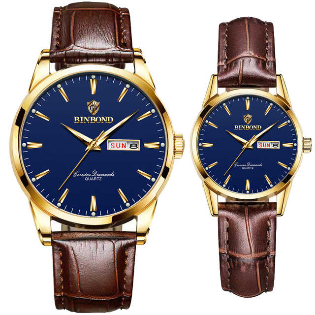 BINBOND B2238 Women Men Waterproof Calendar Quartz Top Luxury Couple Watch Wrist Watches Leather Strap Ladies & Man Watch