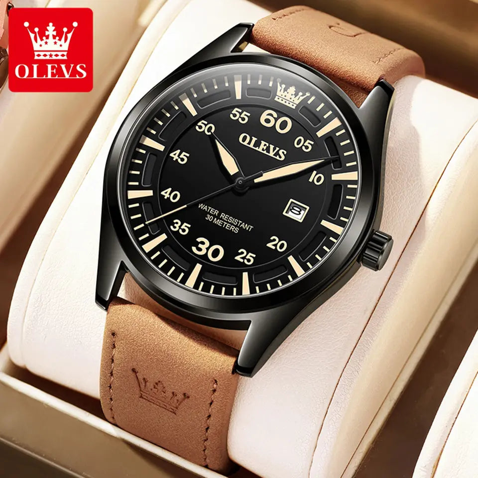 Calendar Men's Watches OLEVS 9962 Casual Sports Man Top Quartz Watch Men Genuine Leather Strap Waterproof Luminous Wristwatch