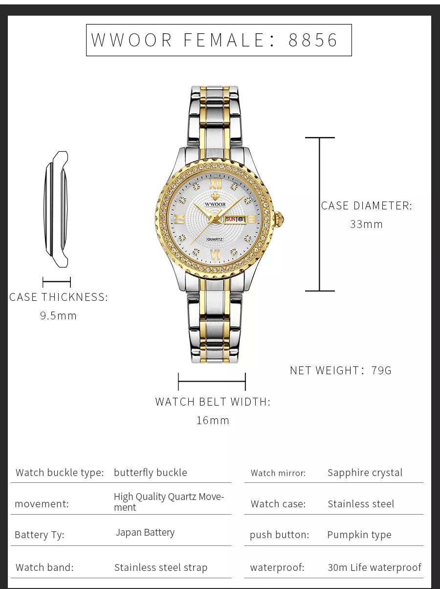 WWOOR 8856 Watch New Design for Luminous Stainless Steel Watches Fashion Quartz Wristwatches