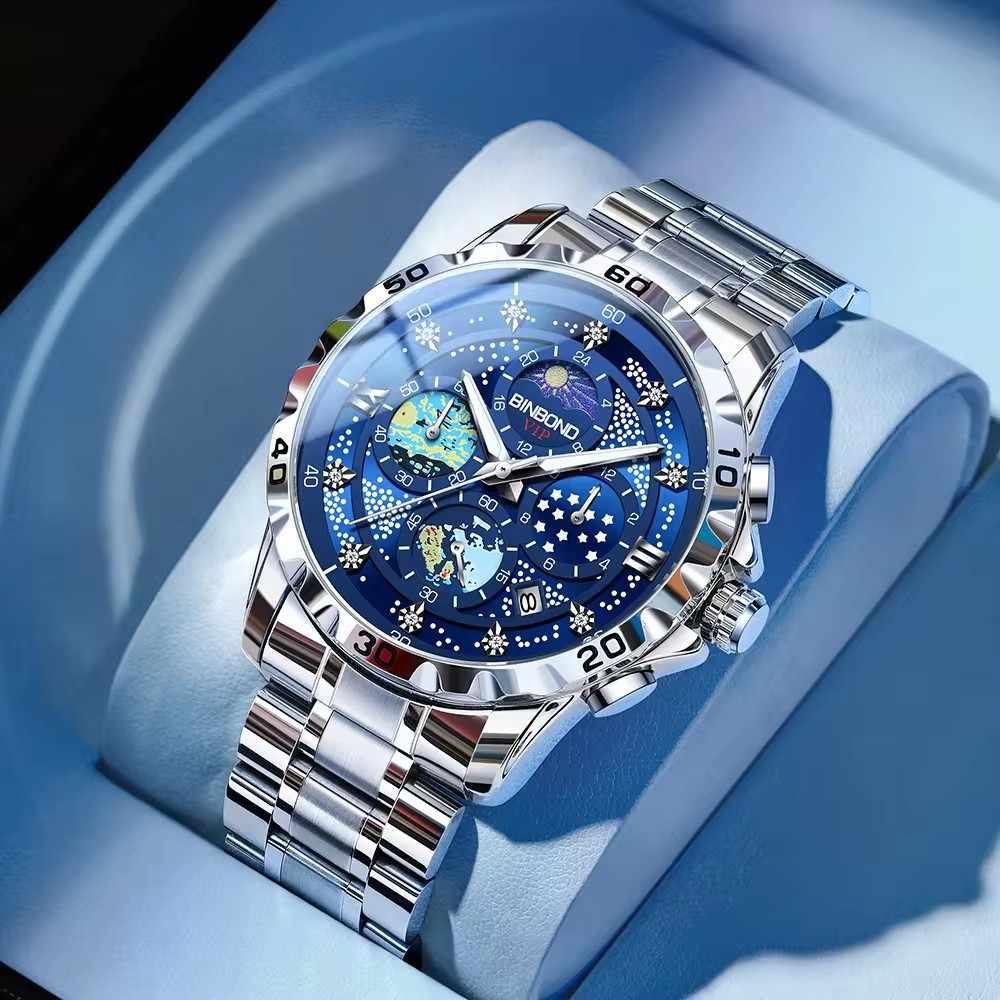 Top Brand New BINBOND 3225 Fashion Starry Sky Quartz Watch for Man Date Waterproof Luminous Stainless Steel Luxury Men's Watches