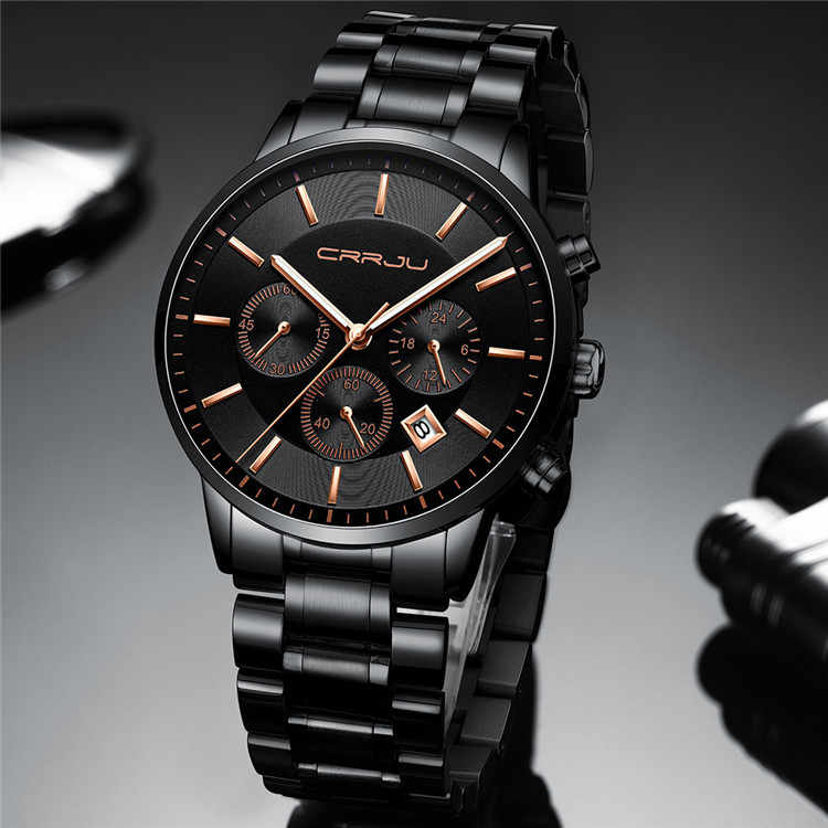 CRRJU 2262 Man Quartz Watch Exclusive Stainless Steel Band 24 Hour Chronograph Date Display Sports Hand Watch