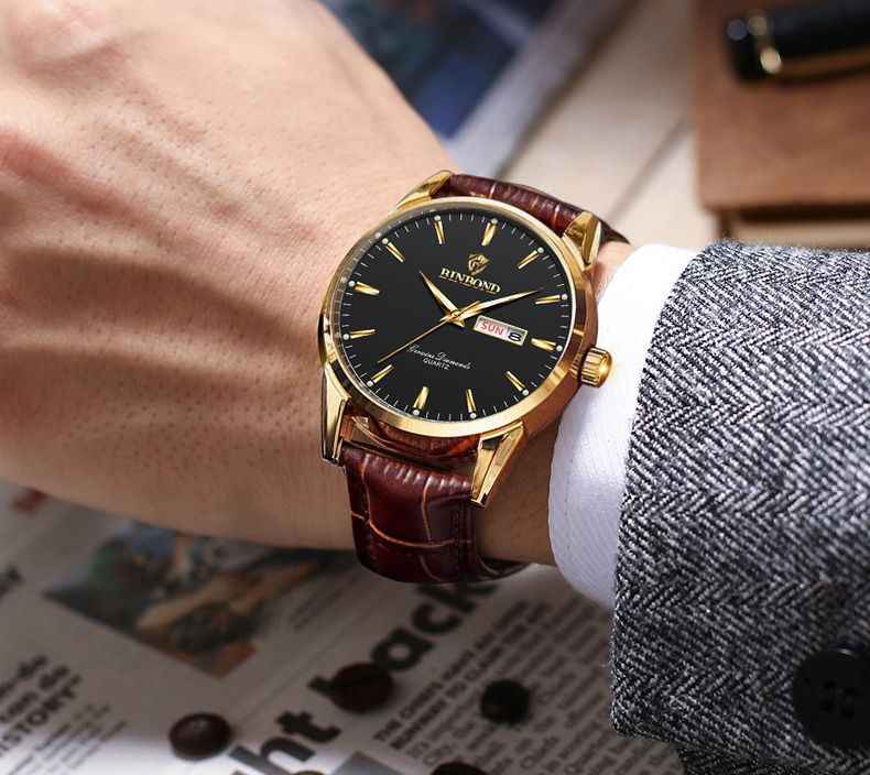 BINBOND B2238 2238 Men Waterproof Calendar Quartz Top Luxury Wrist Leather Strap Watch