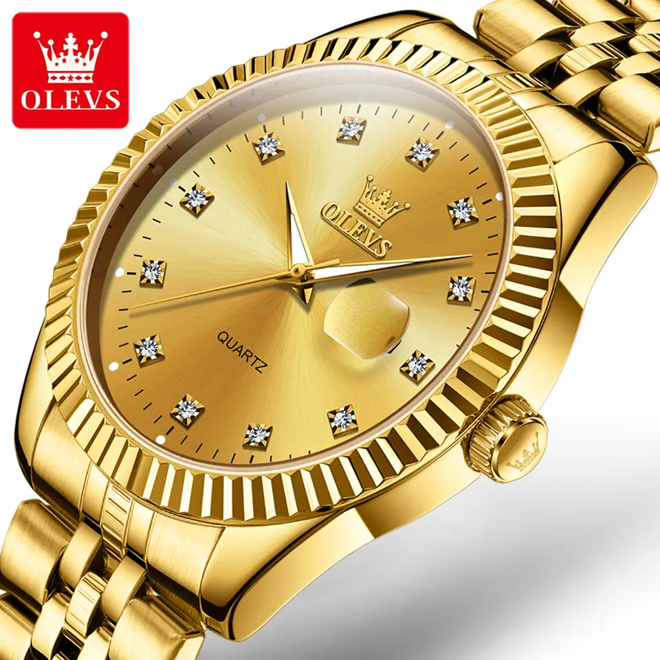 OLEVS 5526 Quartz Watch Waterproof Auto Date Original Gold Design Luxury Stainless Steel Casual Wristwatch for Business