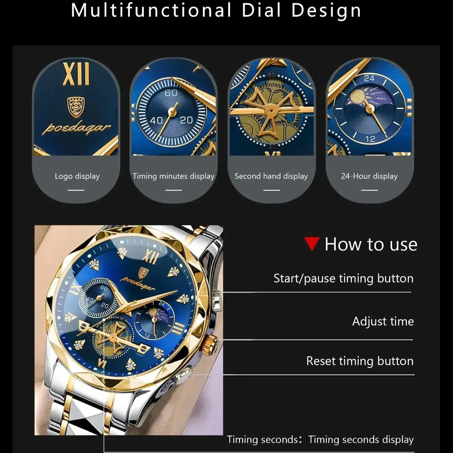 Fashion Quartz Men Watch POEDAGAR 996 Stainless Steel Men's Luxury Wristwatches Top Brand Business Waterproof Date Watch For Men