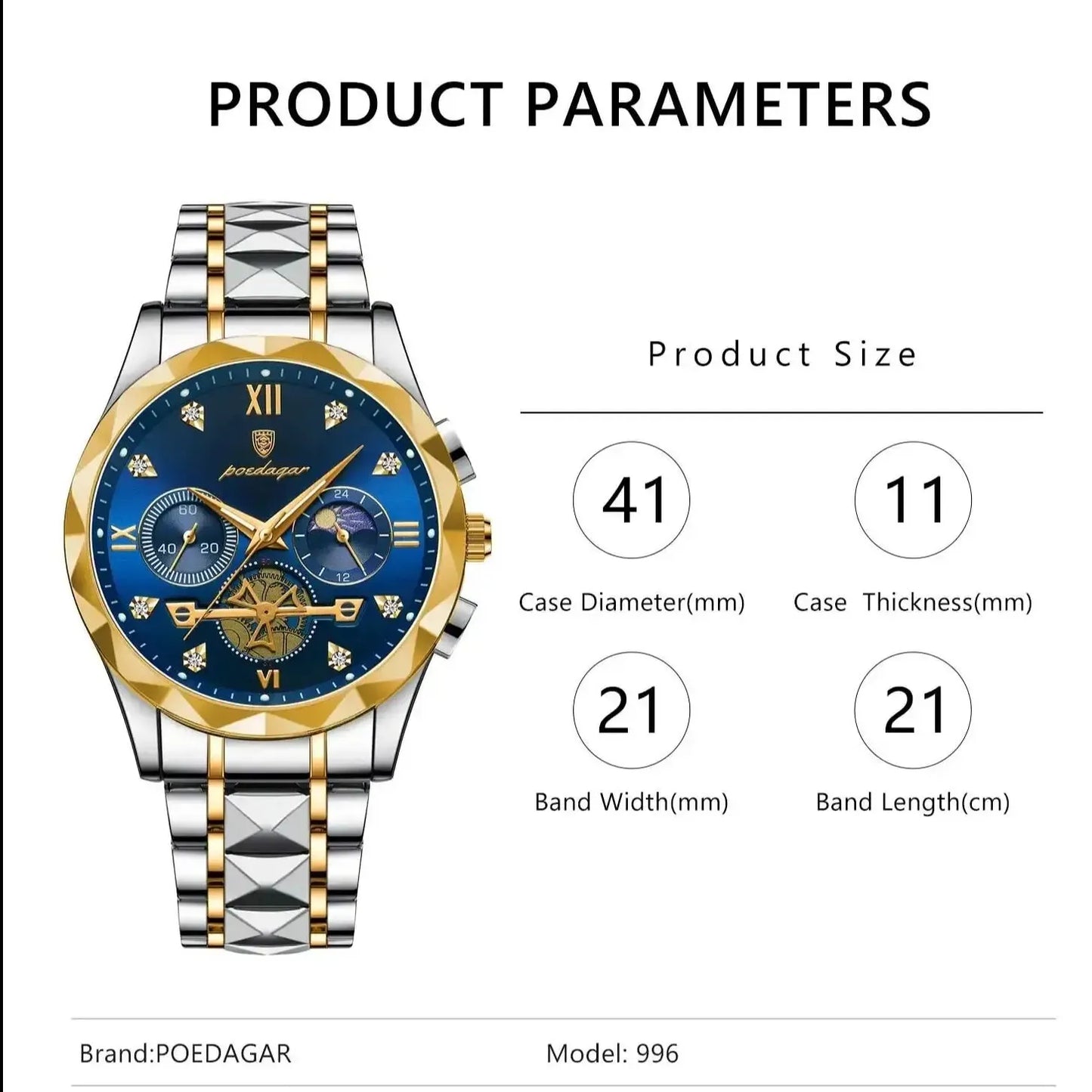 Fashion Quartz Men Watch POEDAGAR 996 Stainless Steel Men's Luxury Wristwatches Top Brand Business Waterproof Date Watch For Men