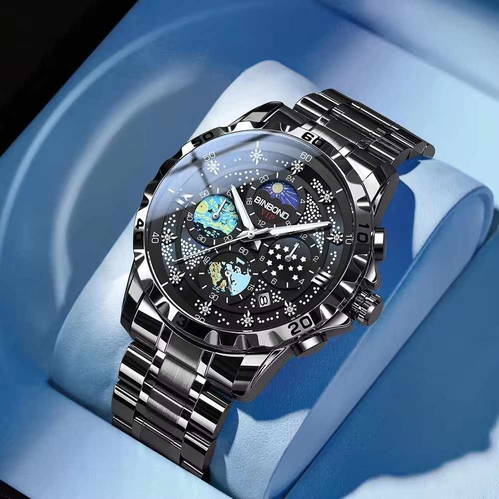 Top Brand New BINBOND 3225 Fashion Starry Sky Quartz Watch for Man Date Waterproof Luminous Stainless Steel Luxury Men's Watches