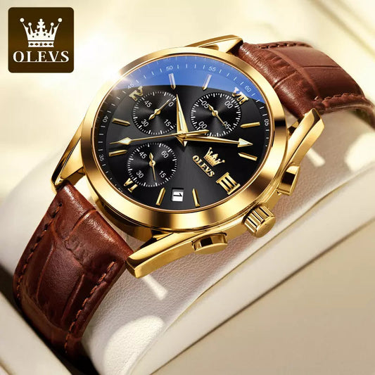 Olevs New 2872 Leather Multi Function Chronograph Men's Watch Waterproof Quartz Watch Luxury Gold Sports Watch