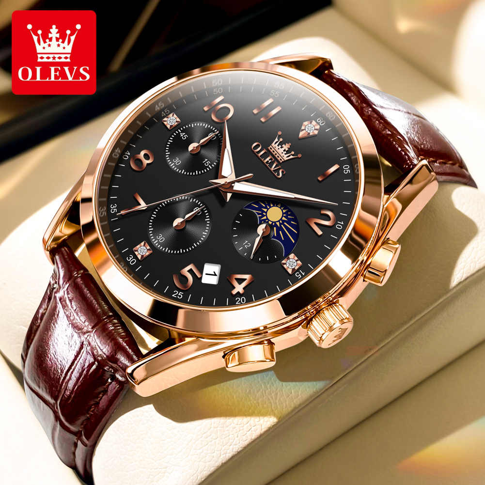 OLEVS 2890 Men Quartz Watch Top Brand Chronograph Wristwatch Sports Watches Luminous Leather Waterproof Clock