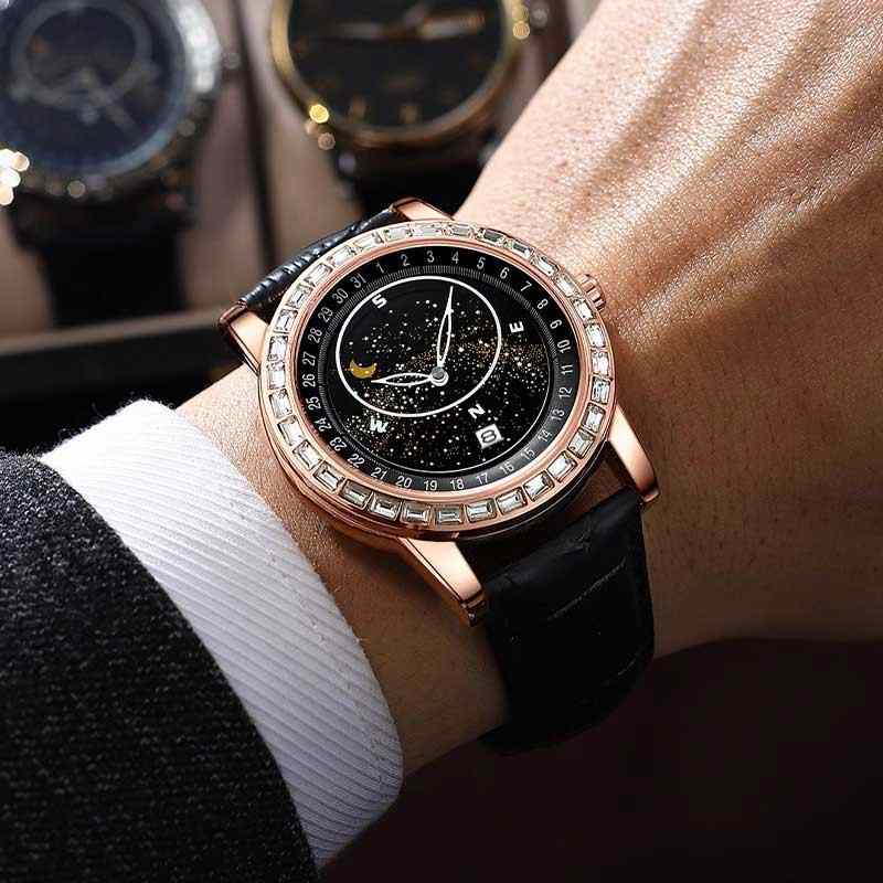 BINBOND B8899 Rotating Sky Star Disk Diamond Watch Men's Fashion Sun Moon Star Waterproof Glow Men's Watch Luminous