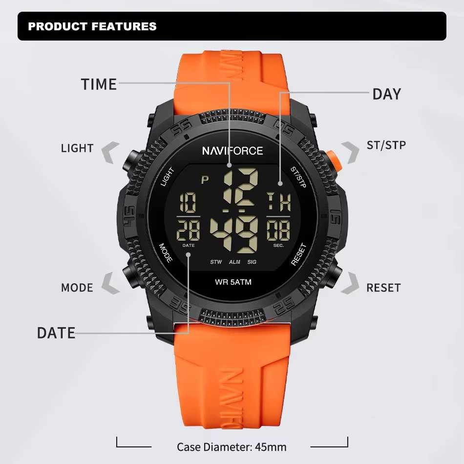 NAVIFORCE NF7104 7104 Men's LCD Digital Casual Date and Week Alarm Waterproof Silicone Strap Electronic Watch Fashion Wristwatch