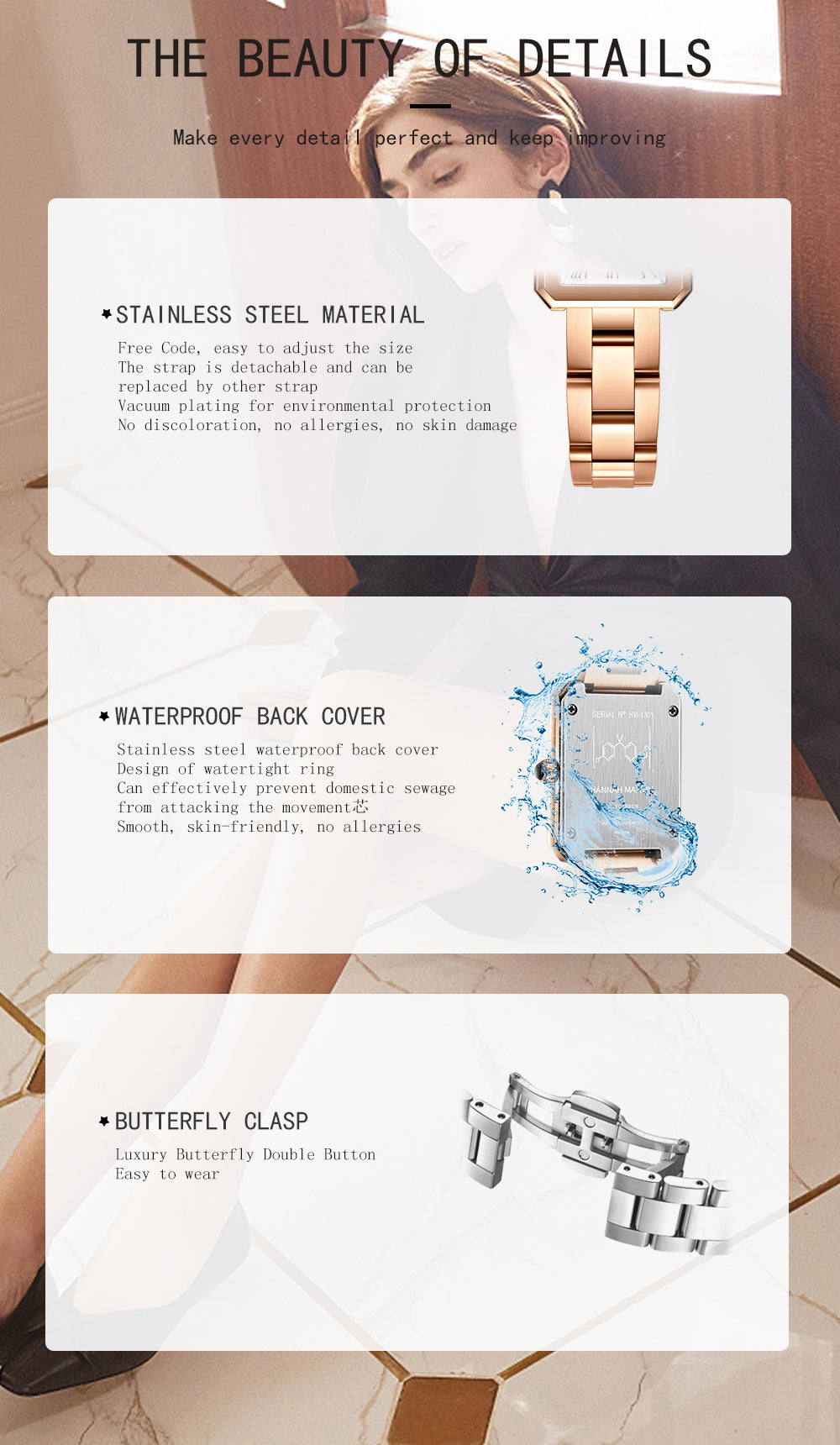 Hannah 2023 Women's brand watch Square retro Roman numerals quartz watch steel belt bow buckle watch HM-1301