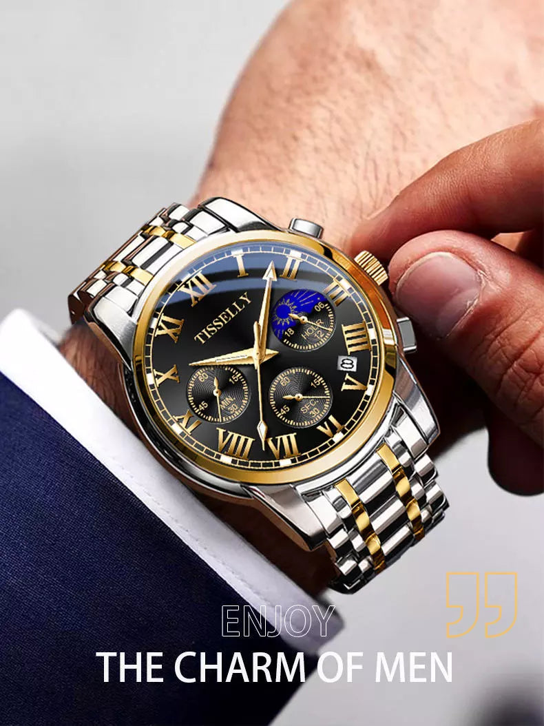 New TISSELLY 6601 Gold Watch Diamond Steel Moon multi-function Quartz Mens Watches Top Brand Luxury