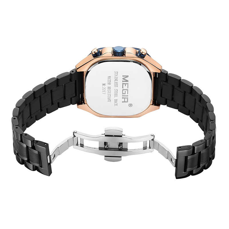 MEGIR 2217 Square Dial Chronograph Quartz Watches for Men Stainless Steel Strap with Luminous Hands Fashion Sports Male Wristwatch