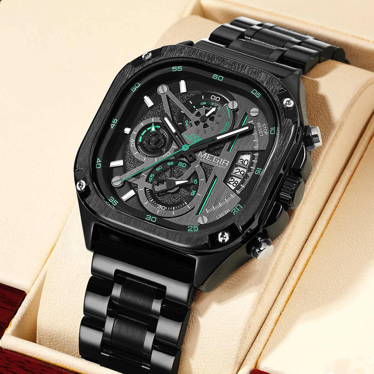 MEGIR 2217 Square Dial Chronograph Quartz Watches for Men Stainless Steel Strap with Luminous Hands Fashion Sports Male Wristwatch