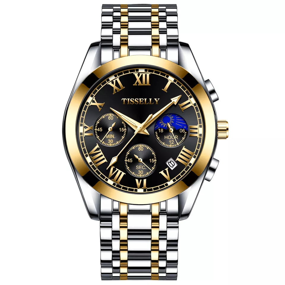 New TISSELLY 6601 Gold Watch Diamond Steel Moon multi-function Quartz Mens Watches Top Brand Luxury