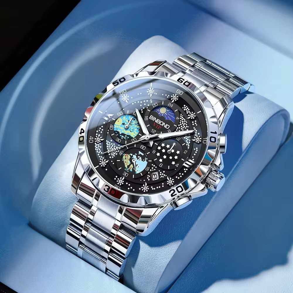 Top Brand New BINBOND 3225 Fashion Starry Sky Quartz Watch for Man Date Waterproof Luminous Stainless Steel Luxury Men's Watches