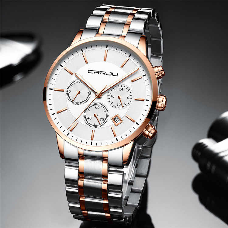 CRRJU 2262 Man Quartz Watch Exclusive Stainless Steel Band 24 Hour Chronograph Date Display Sports Hand Watch