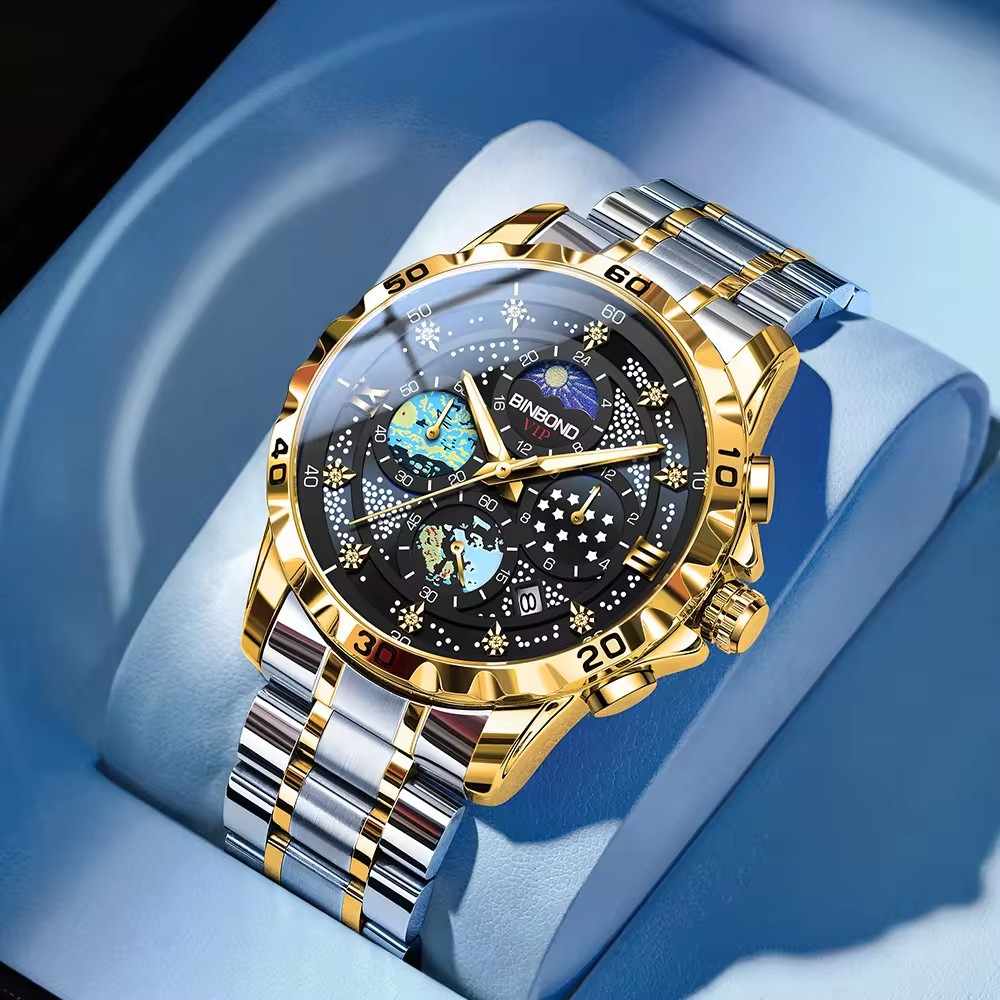 Top Brand New BINBOND 3225 Fashion Starry Sky Quartz Watch for Man Date Waterproof Luminous Stainless Steel Luxury Men's Watches