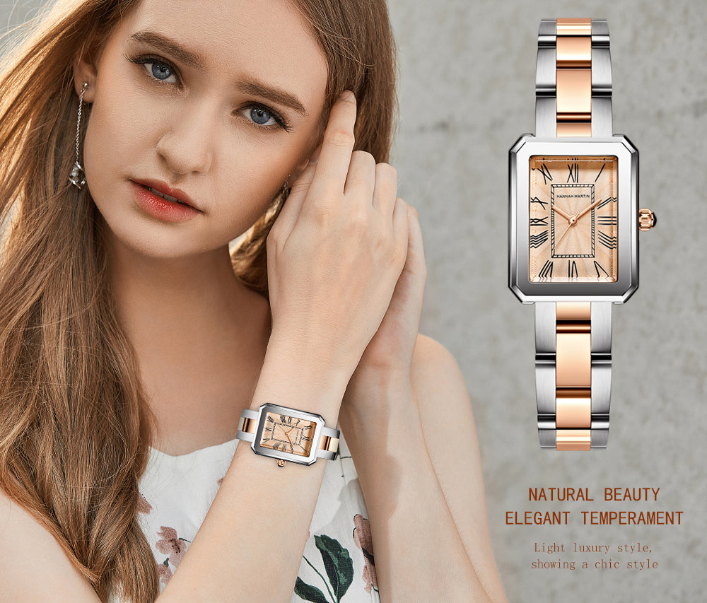 Hannah 2023 Women's brand watch Square retro Roman numerals quartz watch steel belt bow buckle watch HM-1301