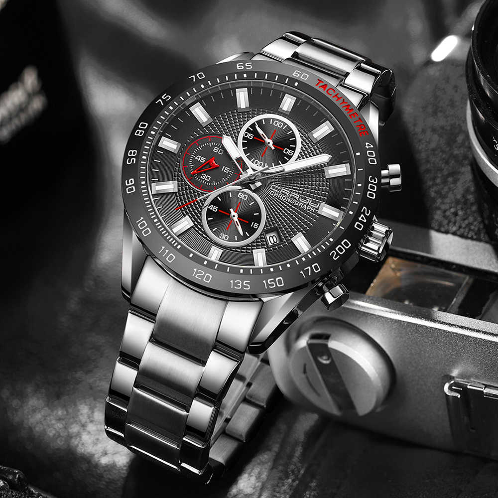 CRRJU 2306 Classic Silver Mens Quartz Watch Best Power Stainless Steel Band Water Resist Chronograph Vintage Casual Wrist Watch