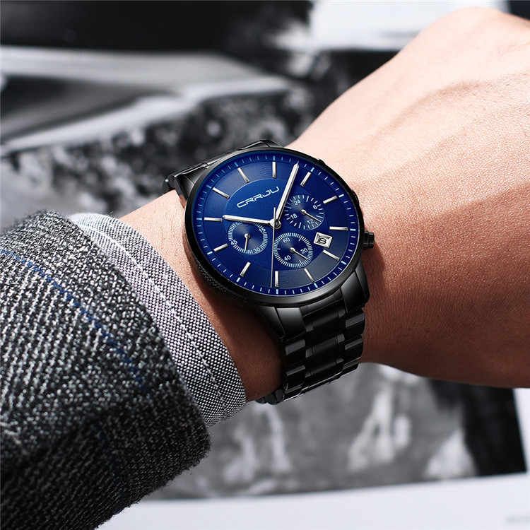 CRRJU 2262 Man Quartz Watch Exclusive Stainless Steel Band 24 Hour Chronograph Date Display Sports Hand Watch
