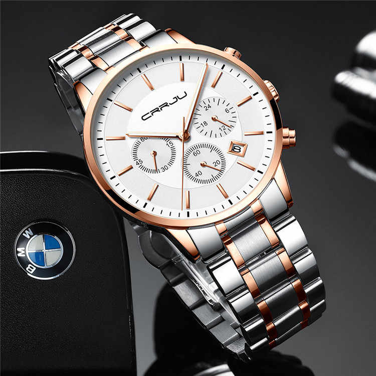 CRRJU 2262 Man Quartz Watch Exclusive Stainless Steel Band 24 Hour Chronograph Date Display Sports Hand Watch