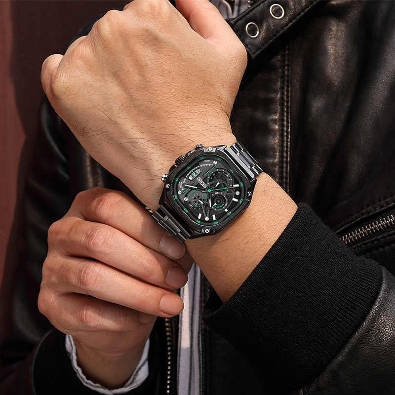 MEGIR 2217 Square Dial Chronograph Quartz Watches for Men Stainless Steel Strap with Luminous Hands Fashion Sports Male Wristwatch