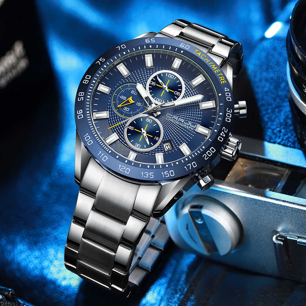 CRRJU 2306 Classic Silver Mens Quartz Watch Best Power Stainless Steel Band Water Resist Chronograph Vintage Casual Wrist Watch