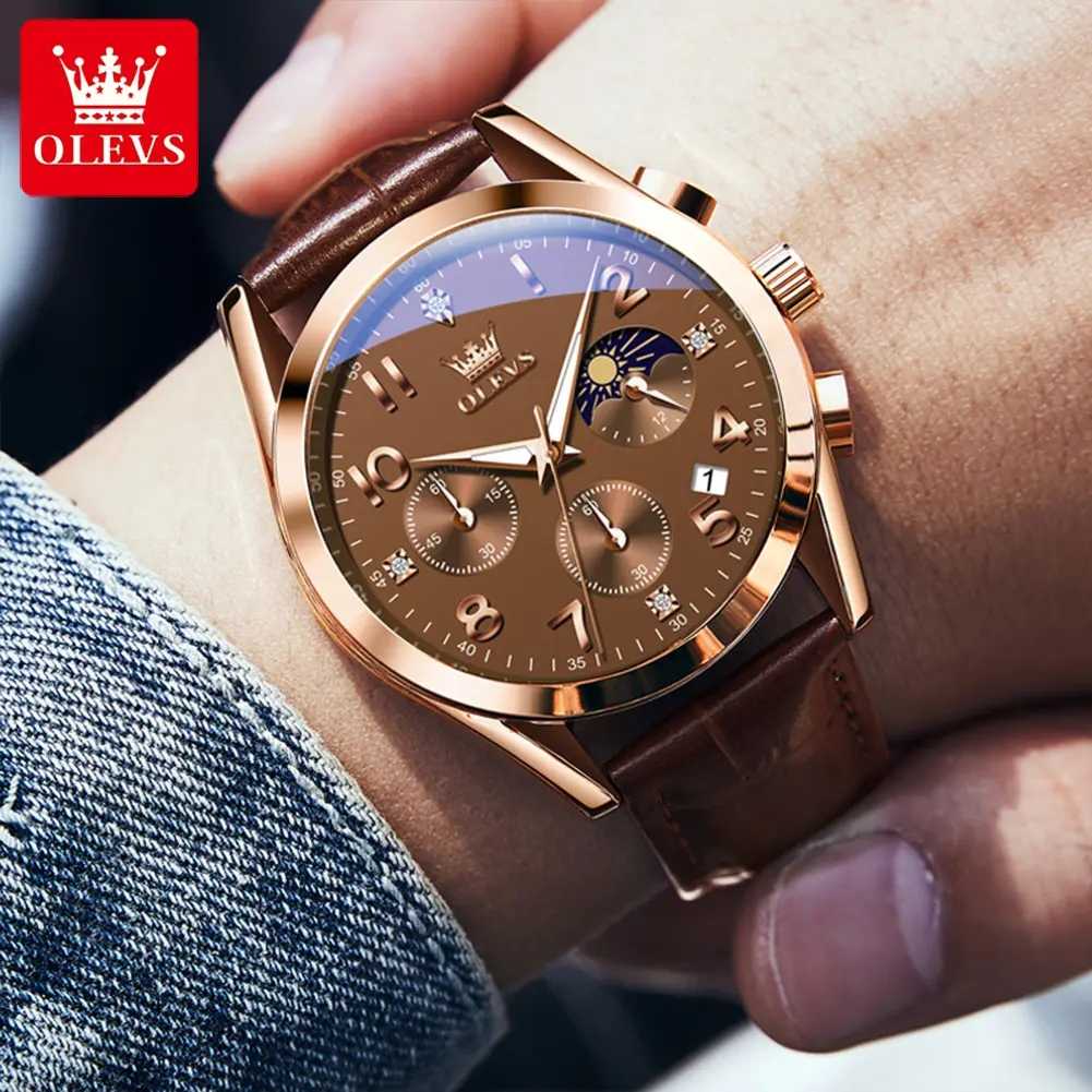 OLEVS 2890 Men Quartz Watch Top Brand Chronograph Wristwatch Sports Watches Luminous Leather Waterproof Clock