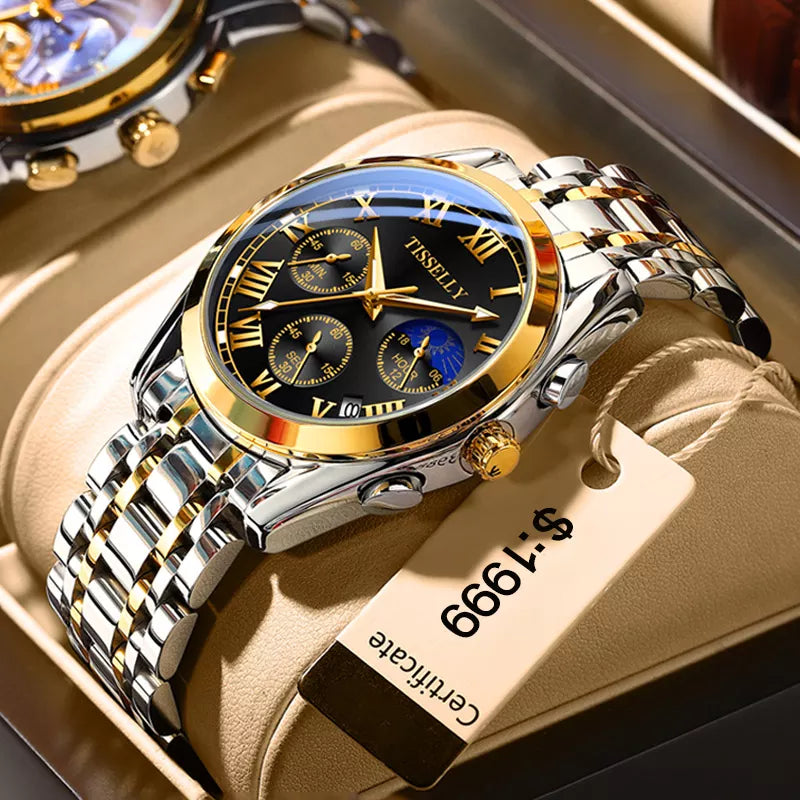 New TISSELLY 6601 Gold Watch Diamond Steel Moon multi-function Quartz Mens Watches Top Brand Luxury