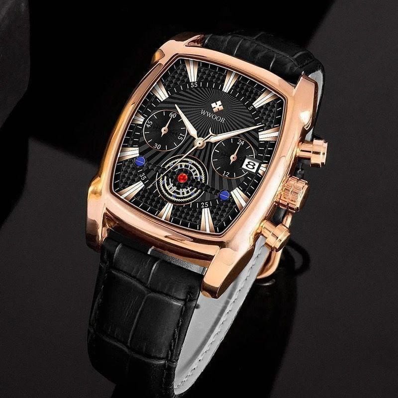 High Quality WWOOR 8843 Square Leather Band Watch Fashion Chronograph Business Waterproof Quartz Men Watches Luxury