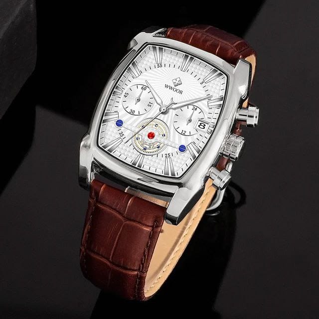 High Quality WWOOR 8843 Square Leather Band Watch Fashion Chronograph Business Waterproof Quartz Men Watches Luxury