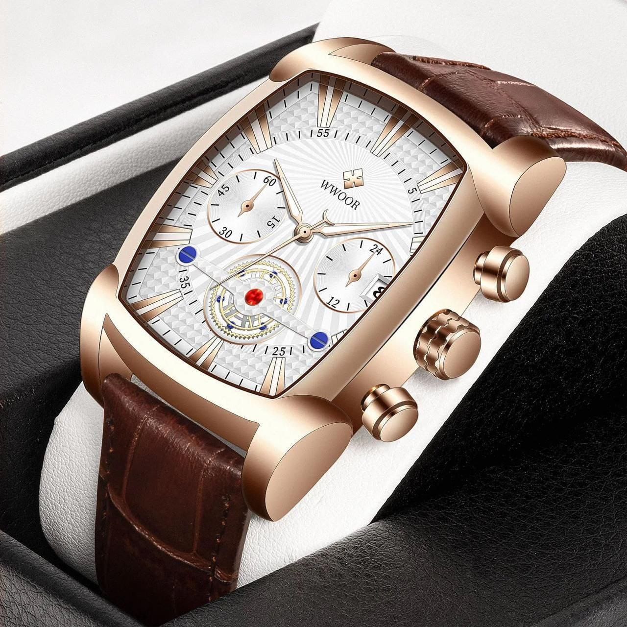High Quality WWOOR 8843 Square Leather Band Watch Fashion Chronograph Business Waterproof Quartz Men Watches Luxury