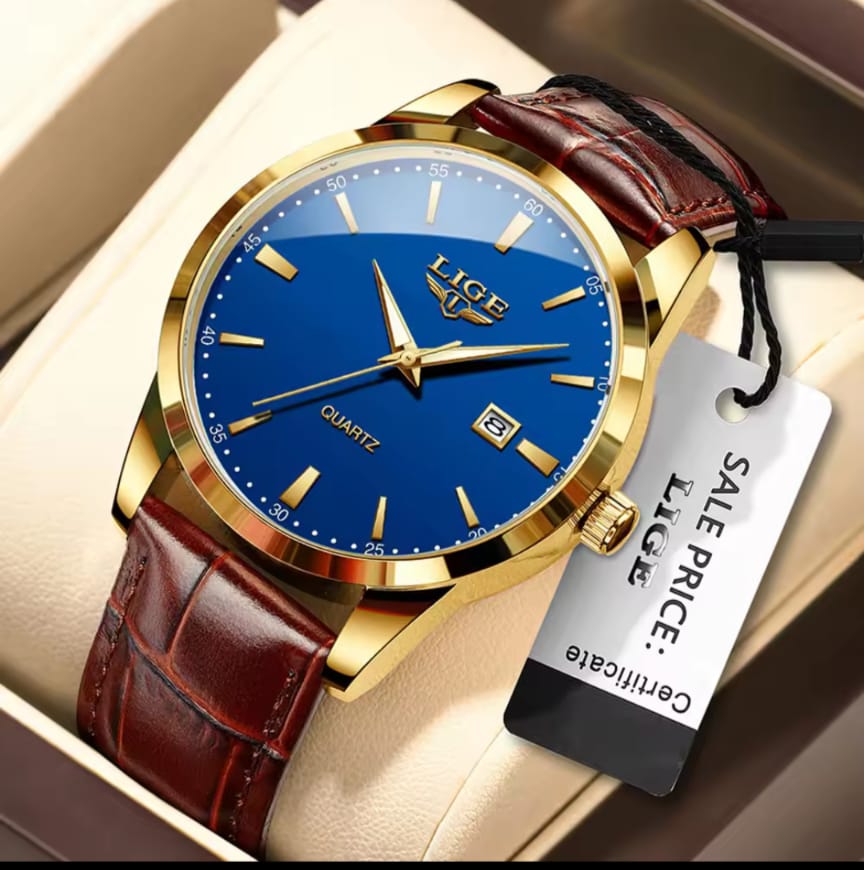 New Mens Watches LIGE 8970 Top Brand Leather Waterproof Sport Automatic Date Quartz Watch For Men