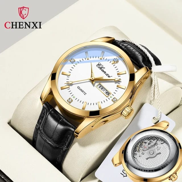 Mens Watch Black Leather Strap CHENXI 0021 Waterproof Luminous Date Week Quartz Watch Men Dual Calendar Fashion Business Clock