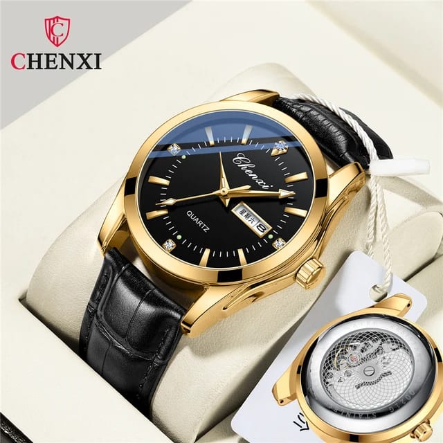 Mens Watch Black Leather Strap CHENXI 0021 Waterproof Luminous Date Week Quartz Watch Men Dual Calendar Fashion Business Clock