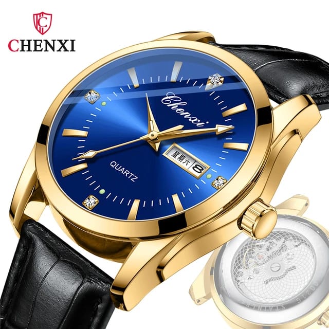Mens Watch Black Leather Strap CHENXI 0021 Waterproof Luminous Date Week Quartz Watch Men Dual Calendar Fashion Business Clock