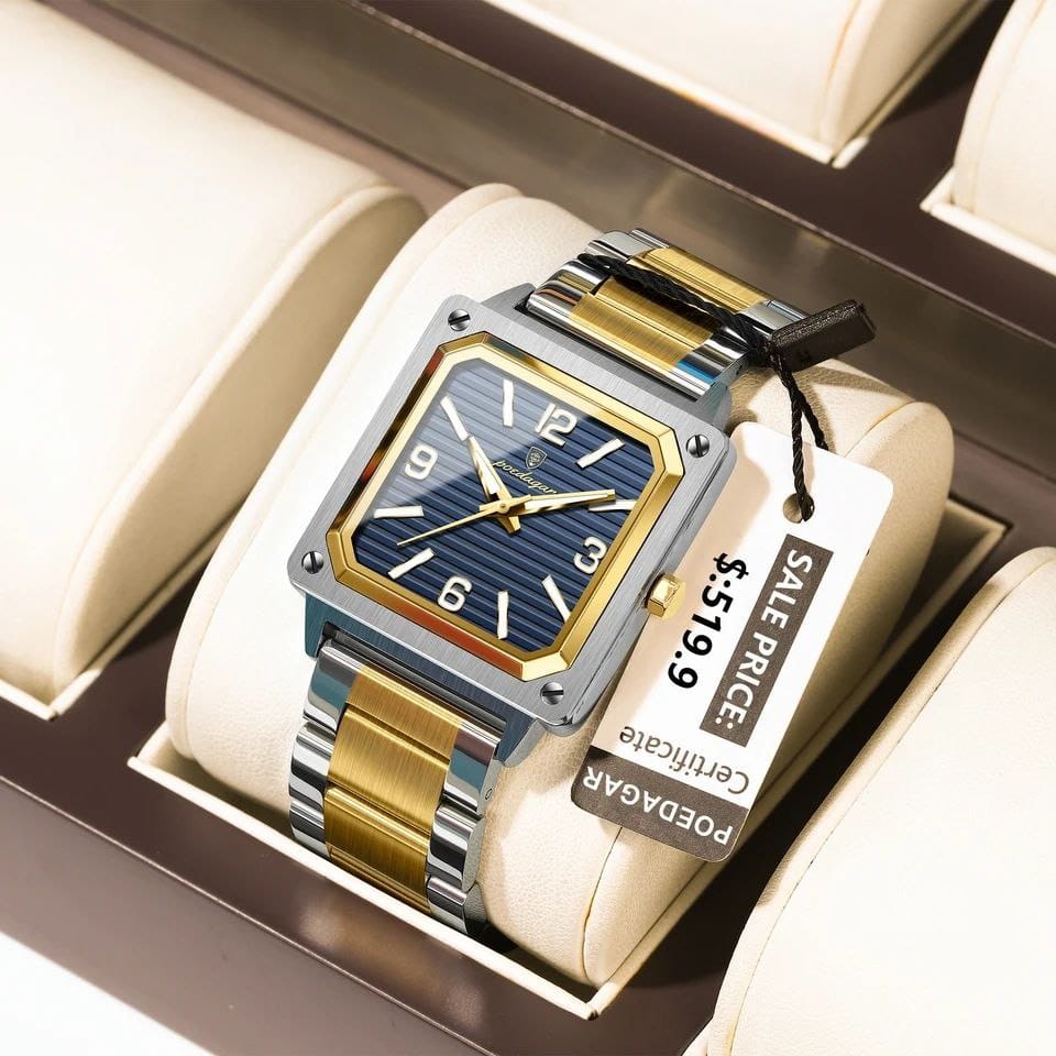 Luxury Square Men Wristwatch POEDAGAR 870 Waterproof Stainless Steel Strap